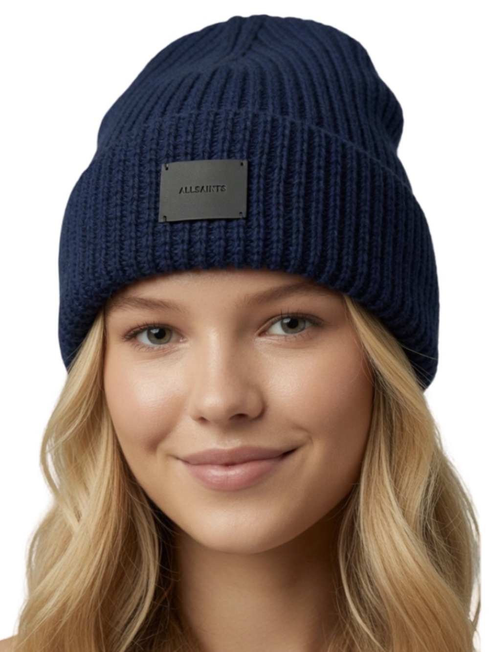 All Saints Beanie Hat Wool Blend Mixed Stitch In Deep Water Blue NWT